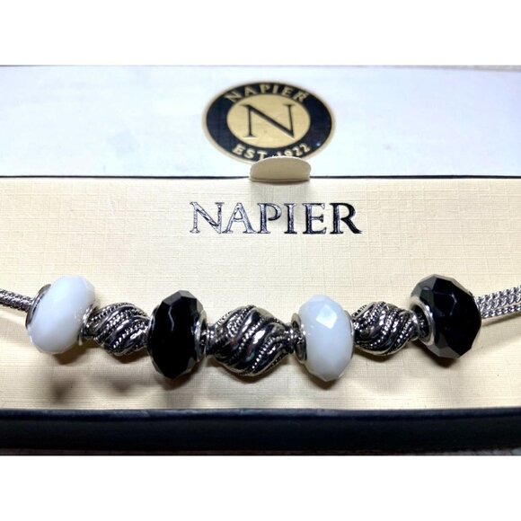 Napier Bracelet w Silver Rope Twist & Black & White Glass Faceted‎ Slides - Picture 1 of 7